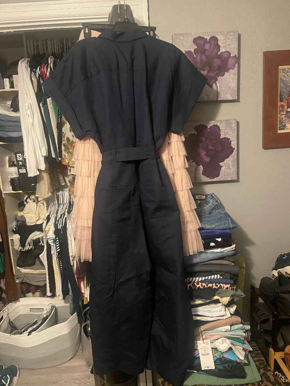 Banana Republic Wide Leg Belted Linen/Canvas Navy Utility Jumpsuit
